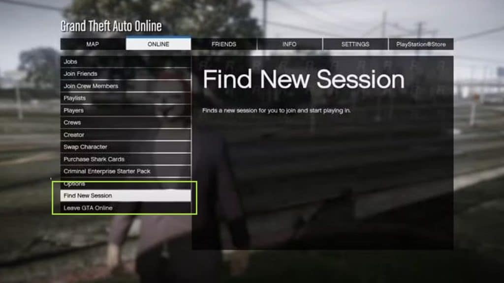 GTA Online menu to find a new session