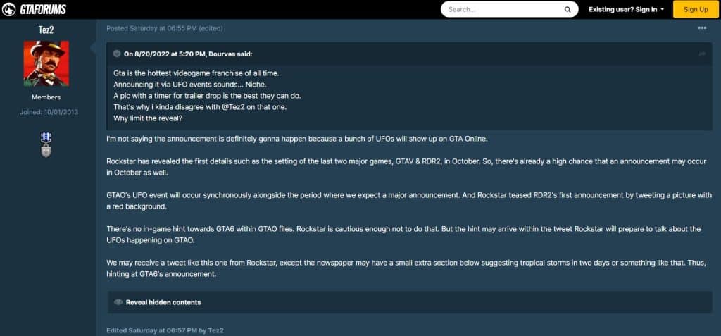 Tez2 talking about GTA 6 announcement in GTA forum