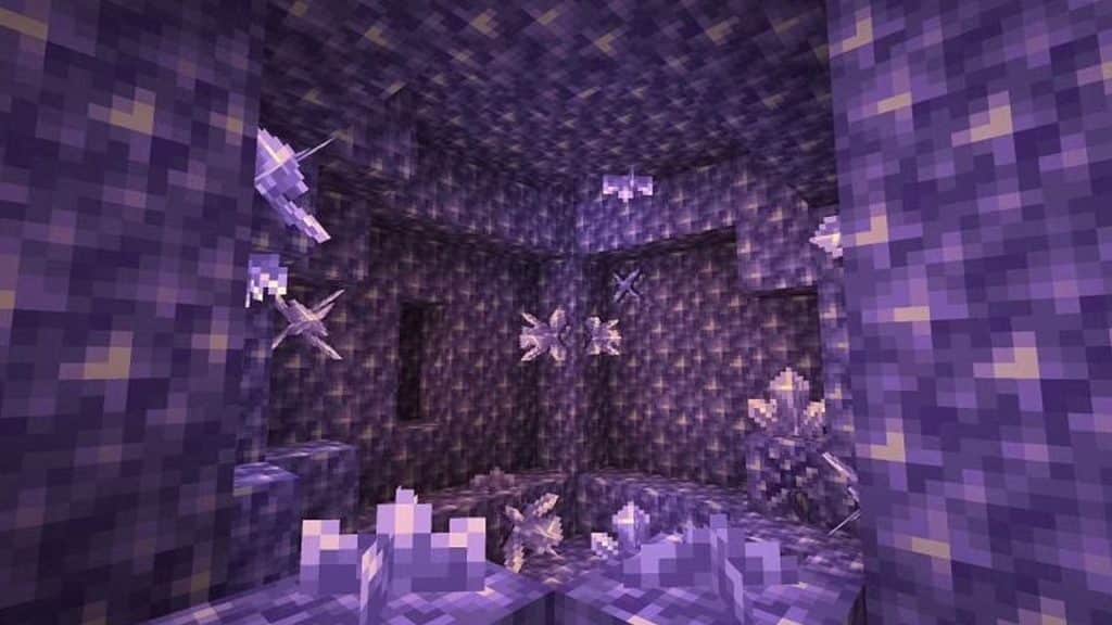 An amethyst geode in Minecraft