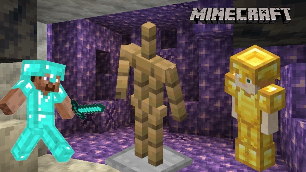 An armor stand, Gold armor, and Diamond armor in Minecraft