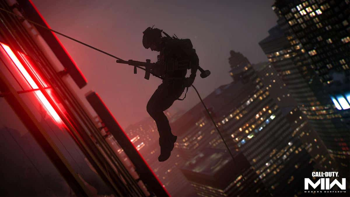 Modern Warfare 2 operator rappelling down building