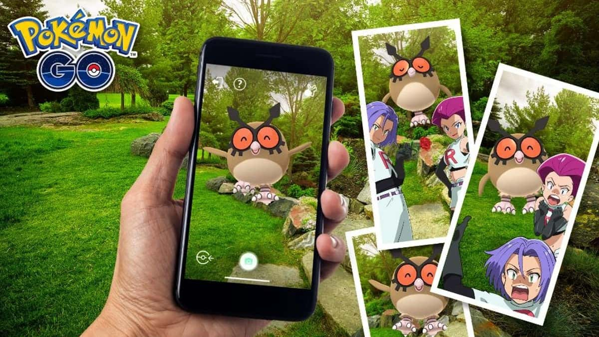 Pokemon Go snapshots of Hoothoot, Jessie, and James