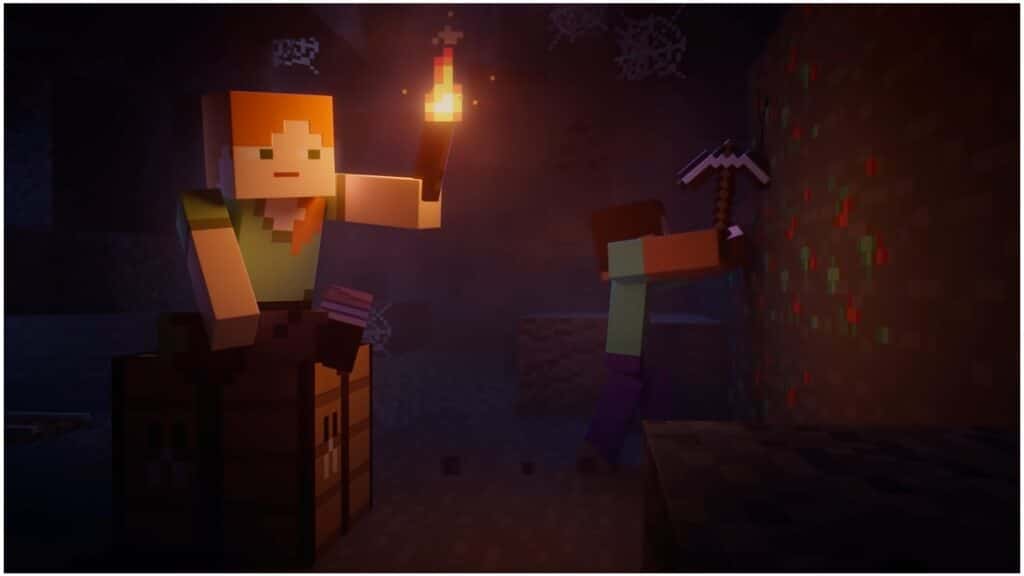 Minecraft characters with a torch in a cave