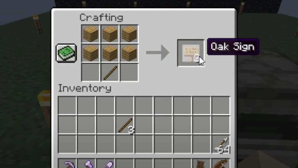 Crafting recipe for a sign in Minecraft