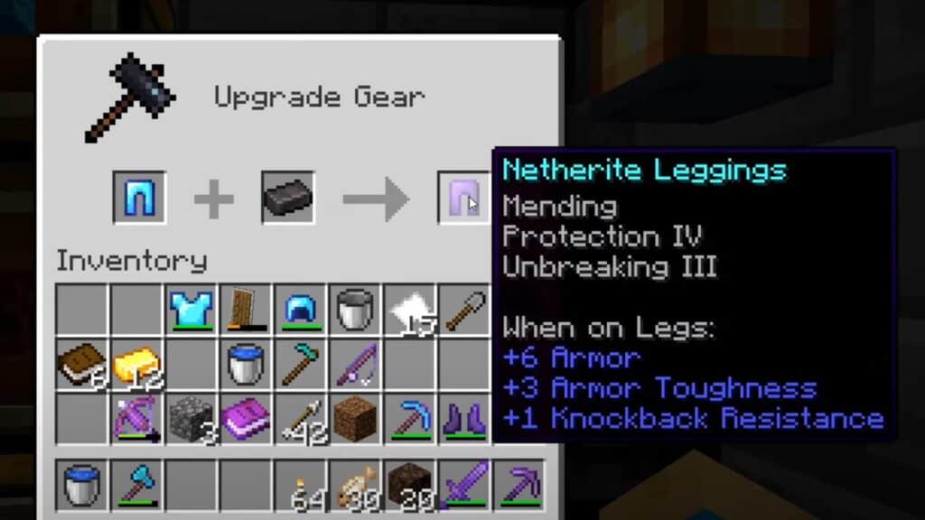 Smithing table GUI to upgrade Diamond armor to Netherite armor