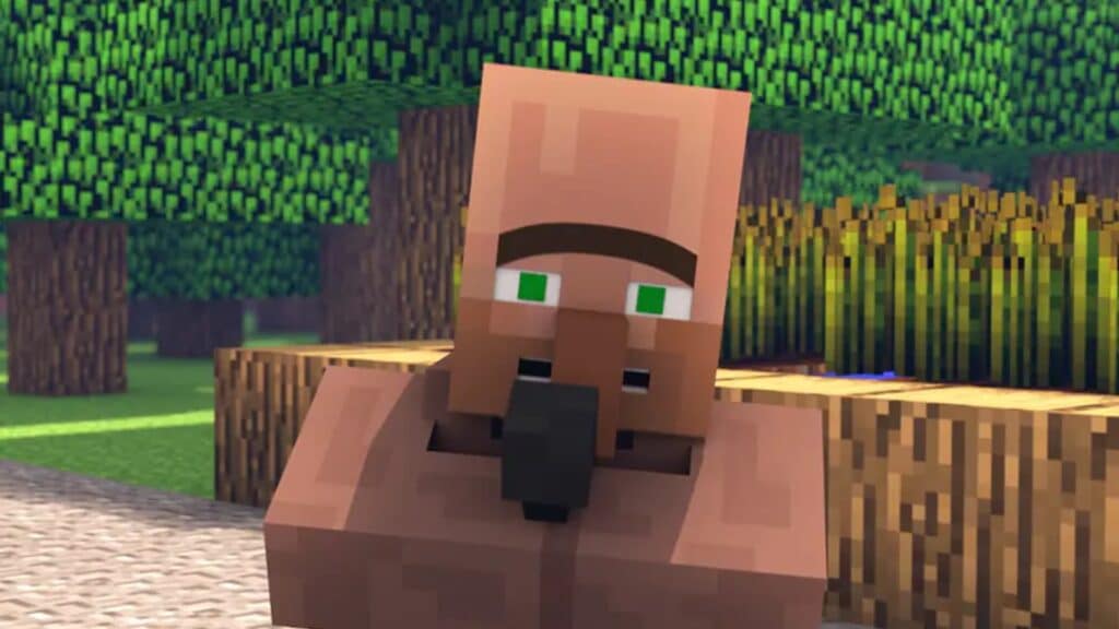 A Minecraft villager smiling