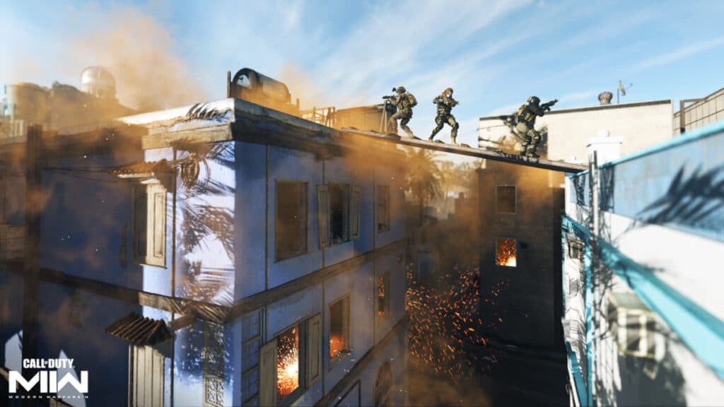 modern warfare 2 operators crossing buildings on rooftops