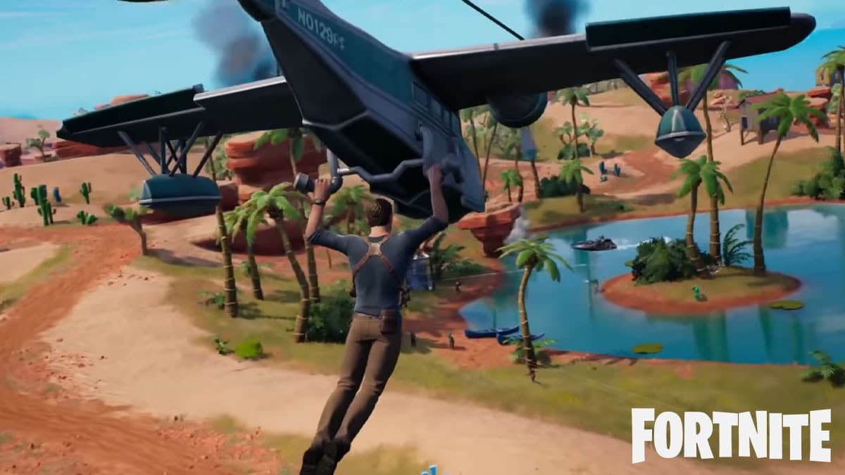 nathan drake using sullys seaplane glider in fortnite