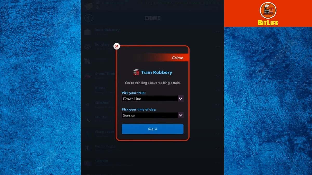 Train robbery menu in BitLife