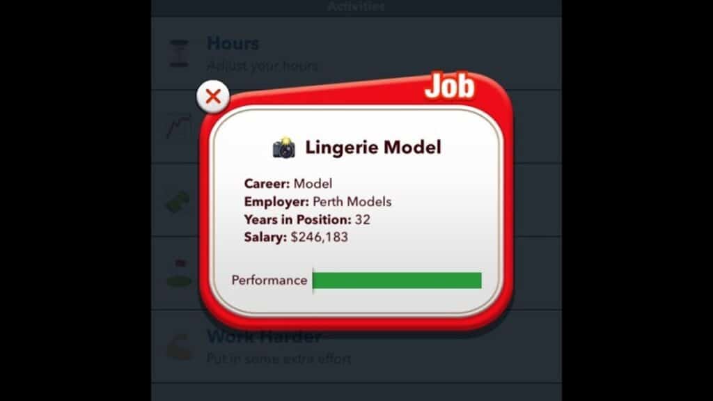 Lingerie model application in Bitlife.