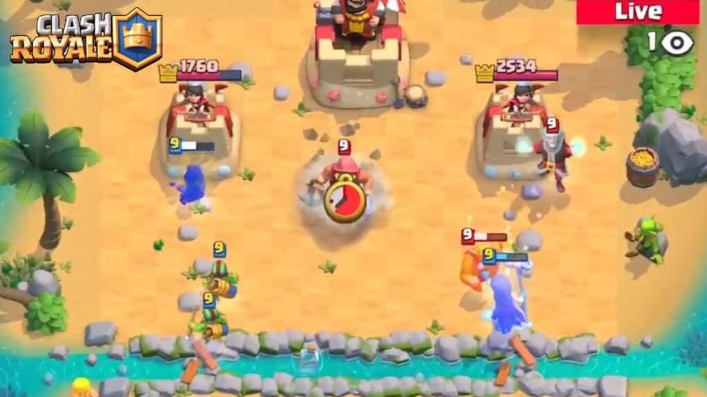 Clash Royale match on a beach themed arena