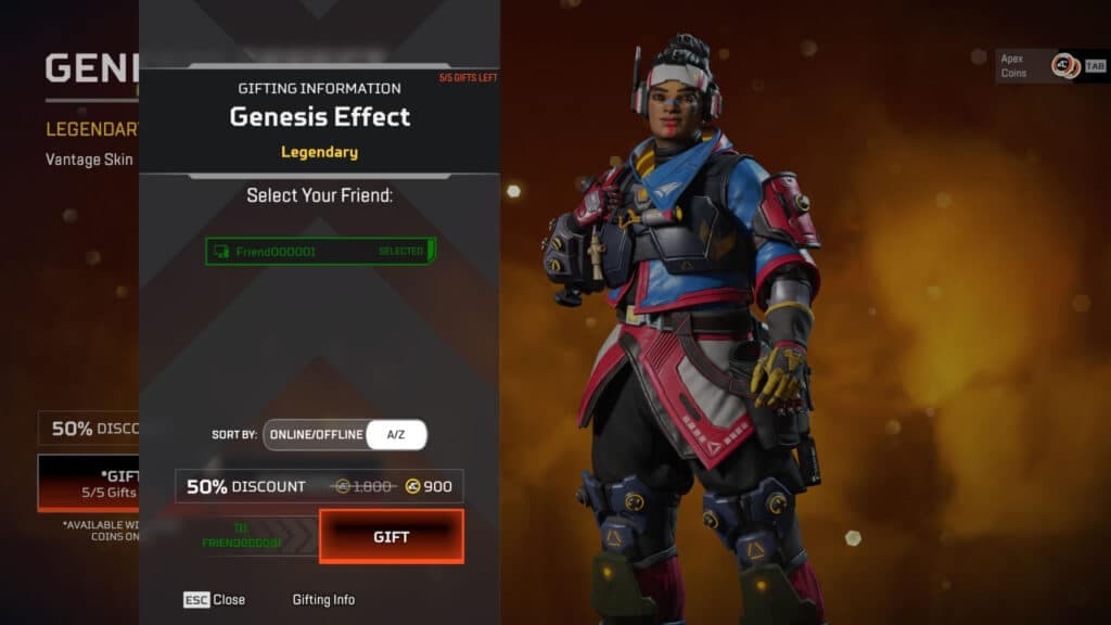 Apex Legends gifting menu screen