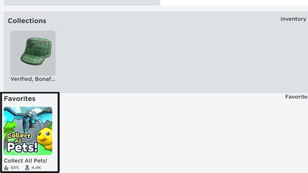 Favorites section in a Roblox player's profile