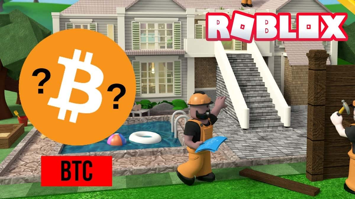 Bitcoin logo over a Roblox art work