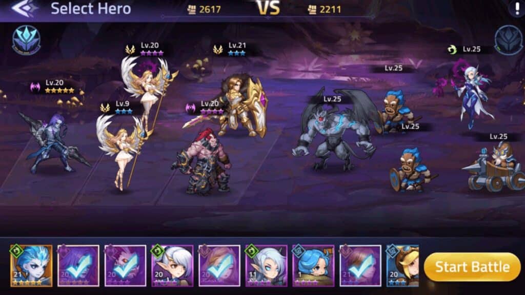 Team-building screen in Mobile Legends: Adventure