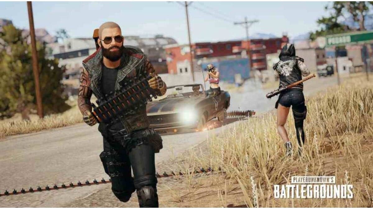 PUBG promo art featuring Pochinki, operators, and vehicles