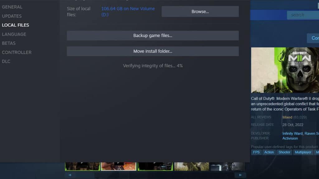 Verifying the Modern Warfare 2 game files on Steam