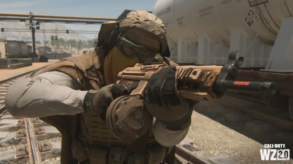 A character holding a gun in Warzone 2.