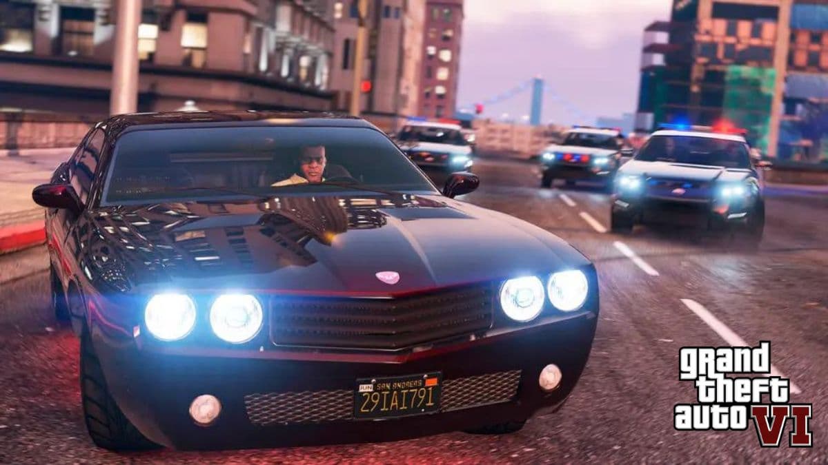 Franklin driving in GTA 5 with GTA 6 logo