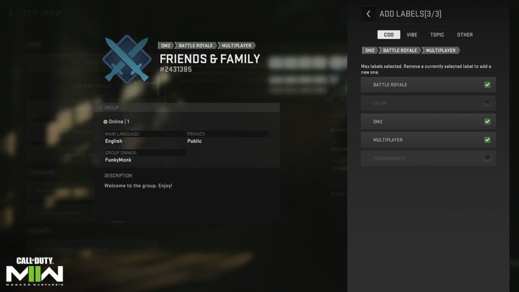 Modern Warfare 2 and Warzone 2 Groups menu