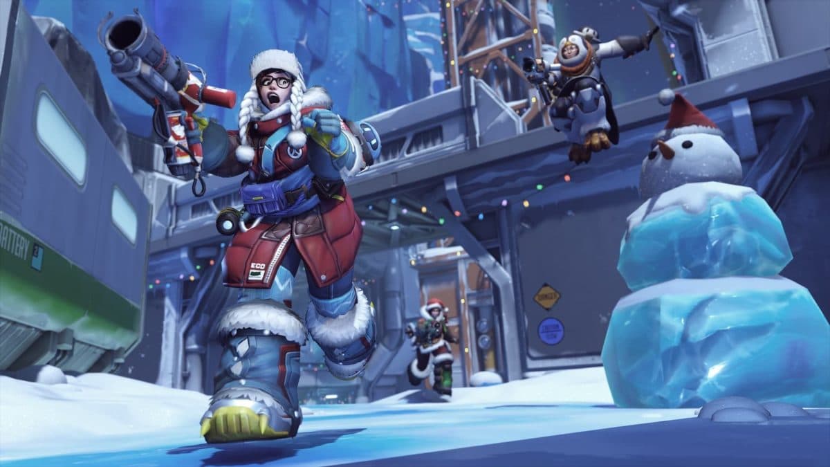 mei running away in overwatch 2 winter wonderland