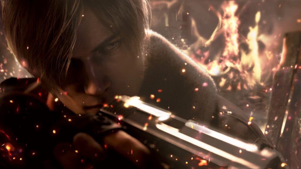 leon Kennedy aiming down gun in resident evil 4 remake