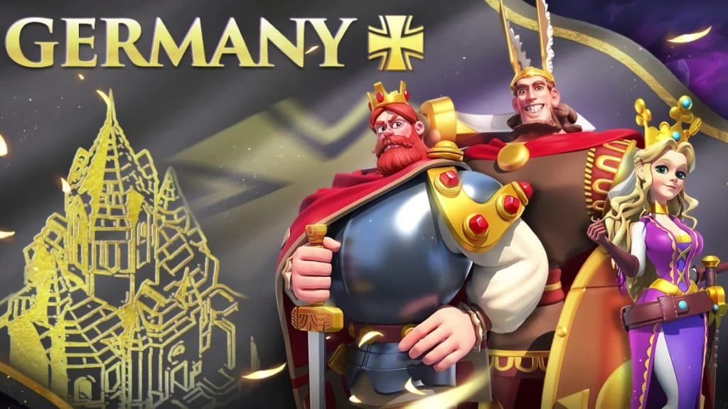 Rise of Kingdoms Germany key art featuring its Starting Commander and Special Unit.