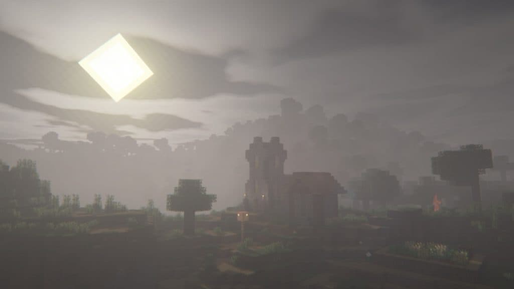 Nighttime in a Minecraft world with Insanity Shaders.