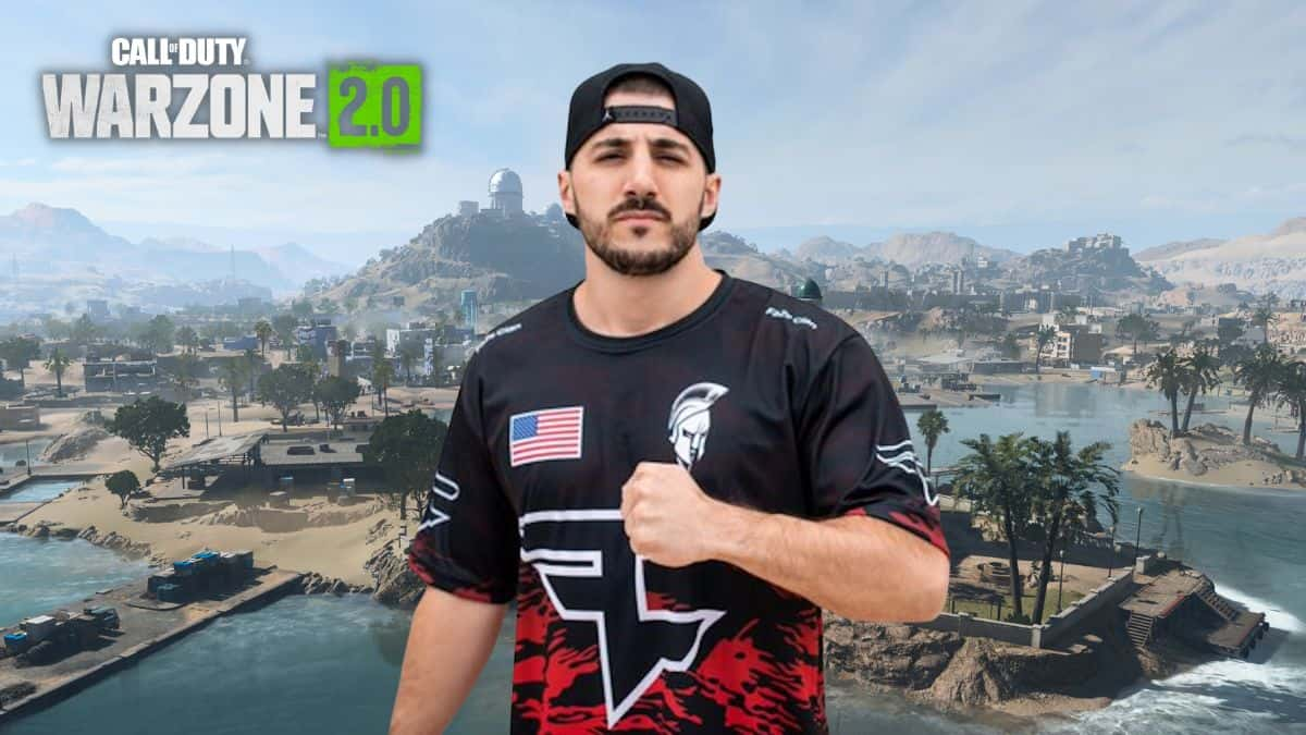 NICKMERCS in front of Warzone 2 Al Mazrah map