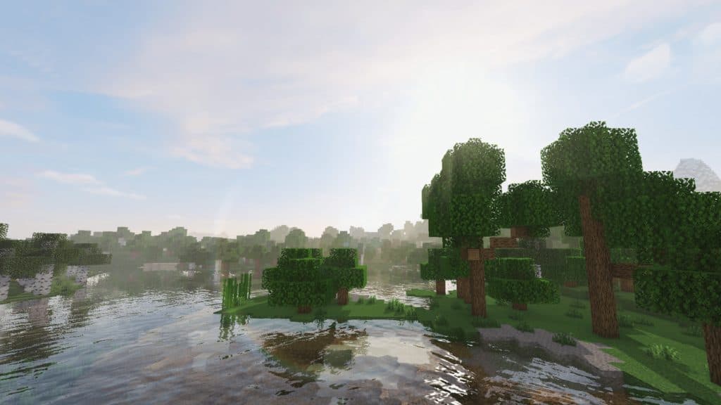 Effect of Sora shader on a Minecraft world