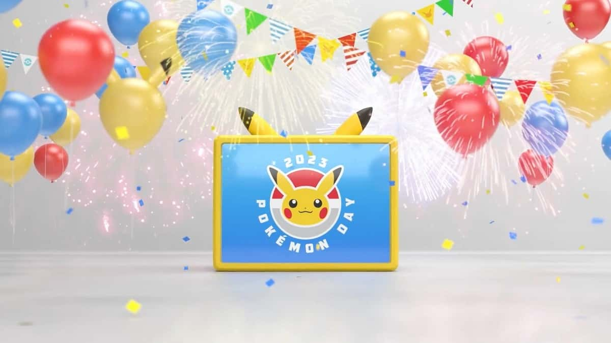 2023 Pokemon Day logo and colored balloons