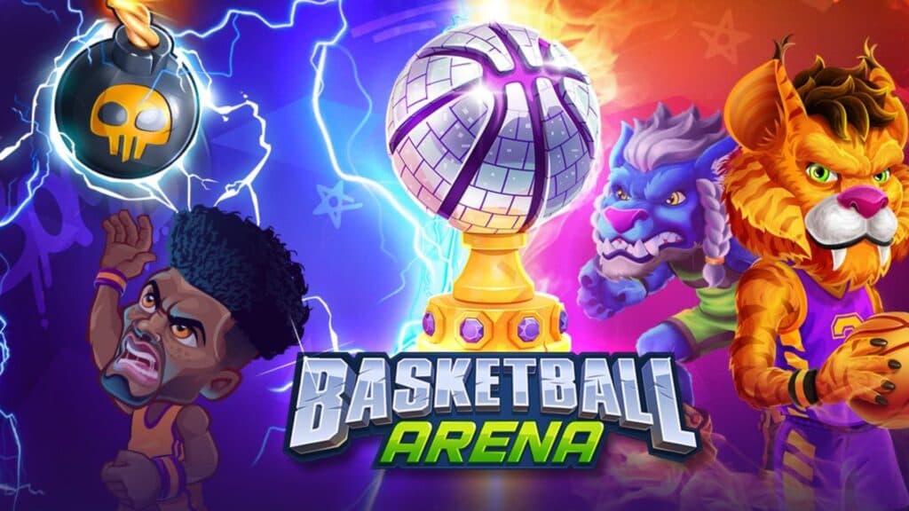 Basketball player and mascot on the cover of Basketball Arena