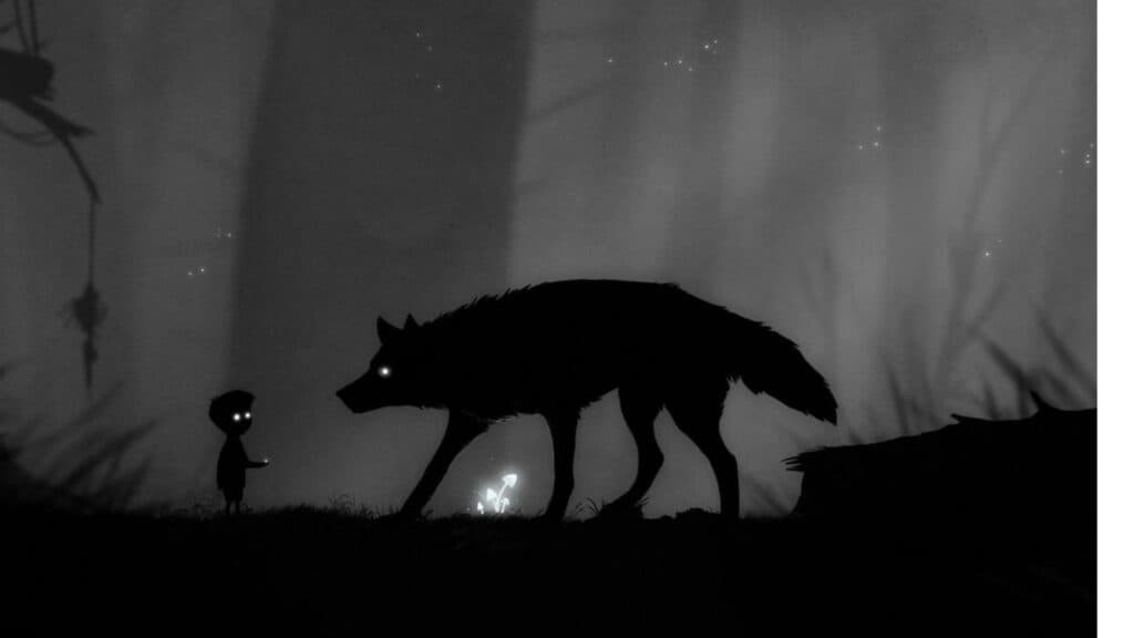 Character facing a wolf in Limbo