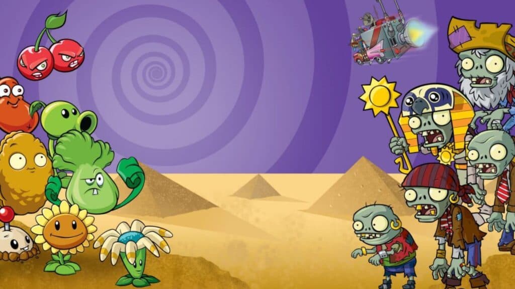 Teams of Plants and Zombies ready to attack each other