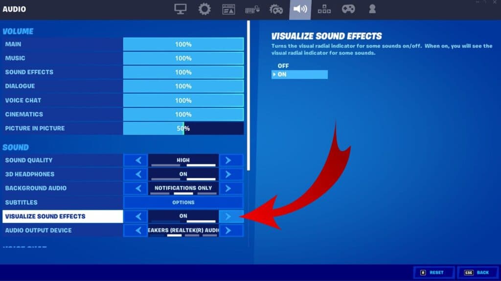 Visualized Sound Effects in Fortnite settings