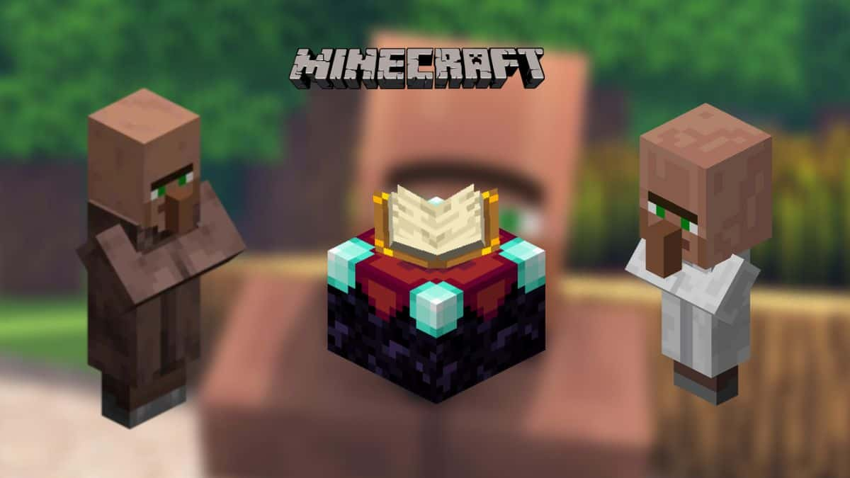 Villagers and enchantment table in Minecraft