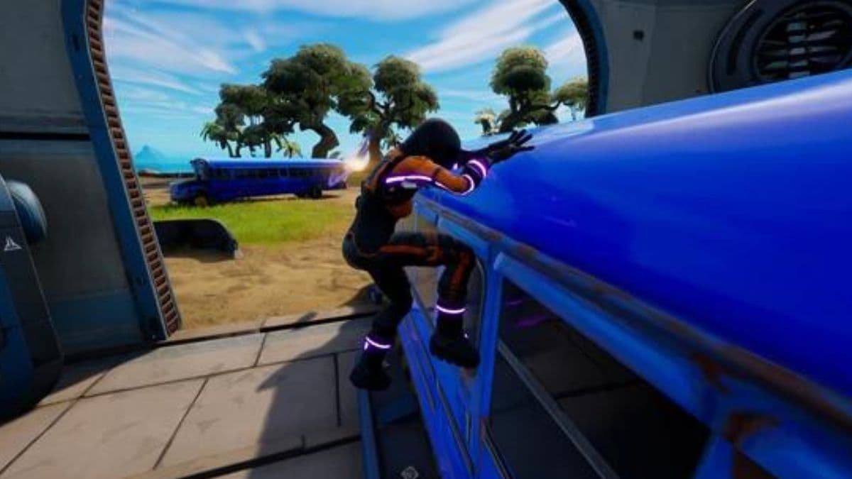 fortnite player mantling over a bus