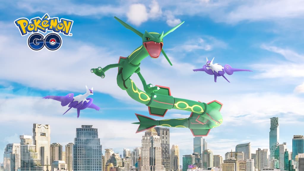 Three pokemon flying over a city