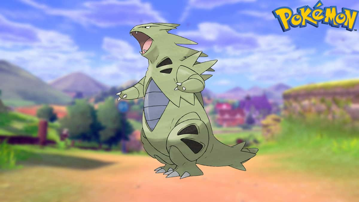 Tyranitar in a Pokemon Sword and Shield background