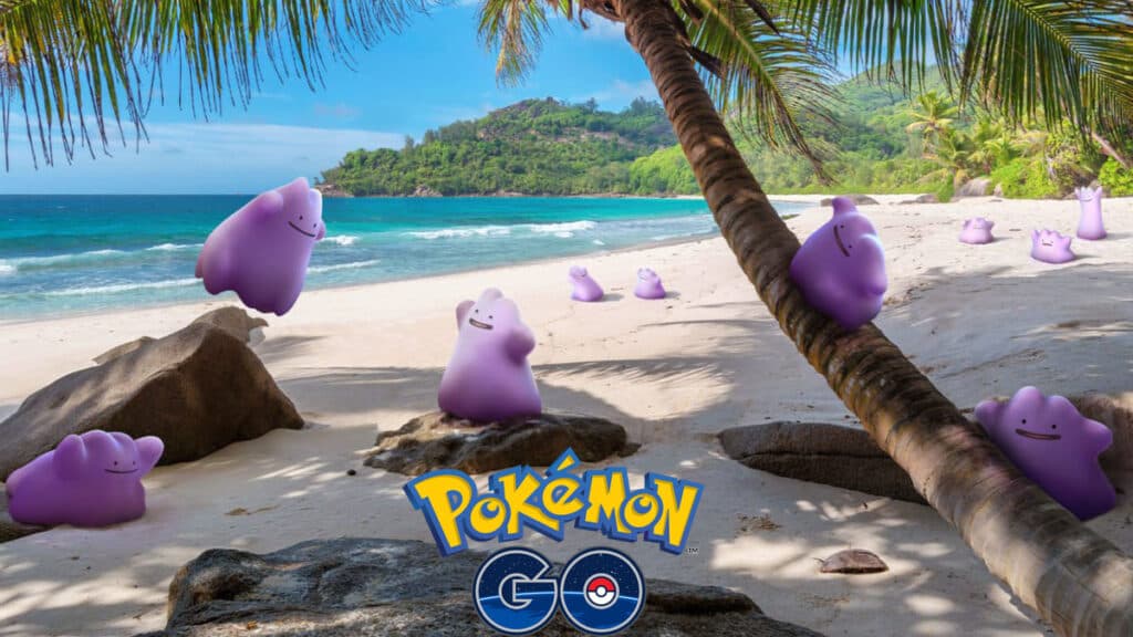 Ditto on a beach in Pokemon Go