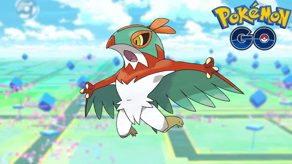 Hawlucha in a Pokemon Go background with logo