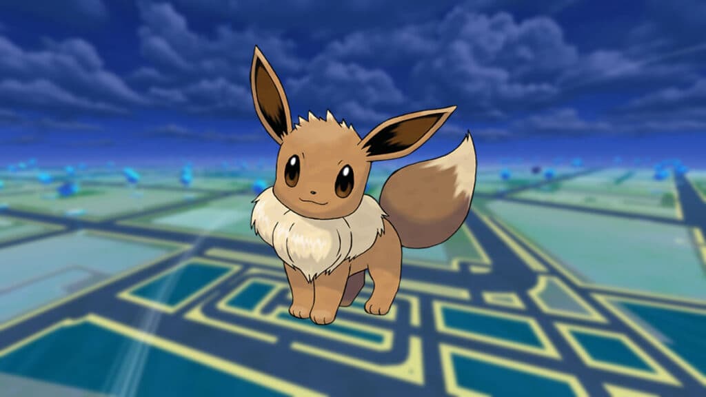 Eevee in a Pokemon Go background