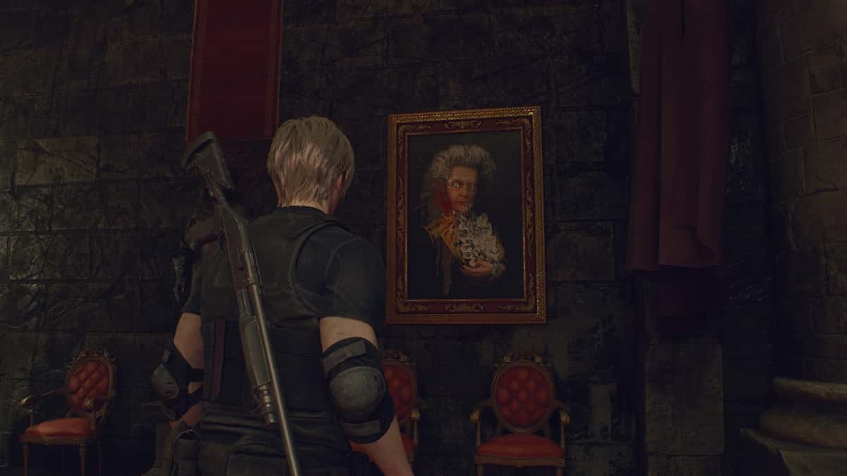 resident evil 4 remake leon looking at portrait of ramon salazar