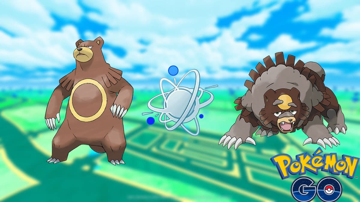 Ursaring and Ursaluna with a evolve icon and the Pokemon Go logo.