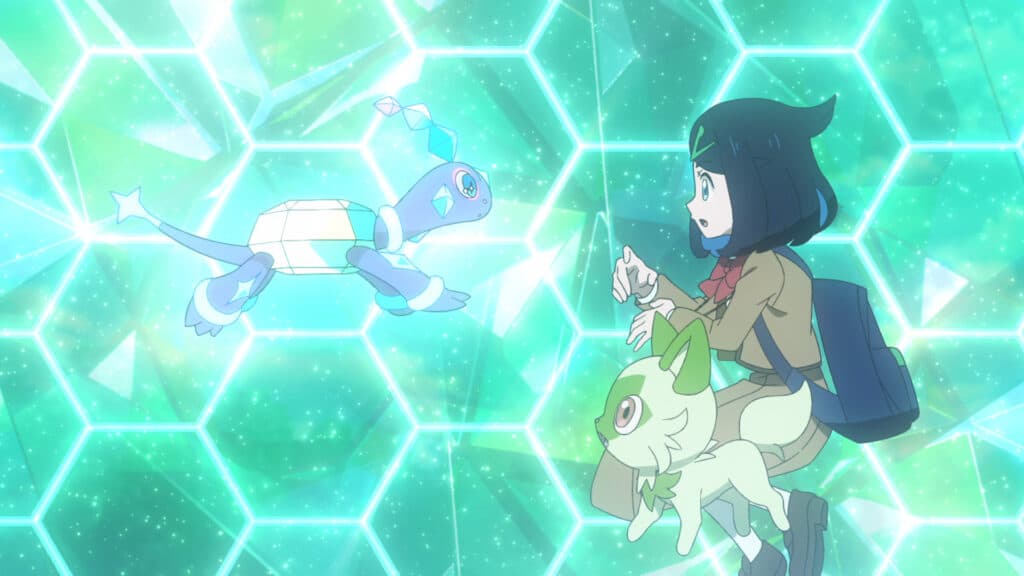 Liko, Sprigatito, and a new Pokemon in the Pokemon Horizons anime