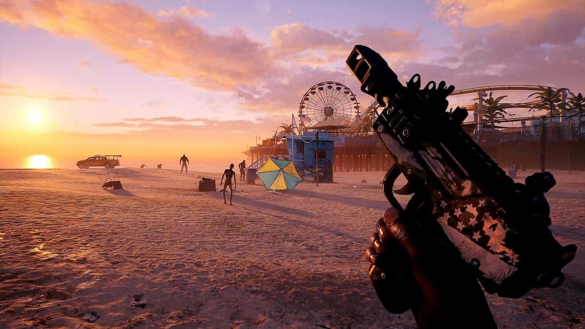 dead island player holding an uzi on the beach