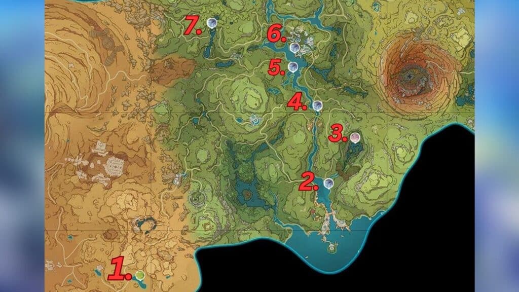 Fishing locations in Genshin Impact's Sumeru