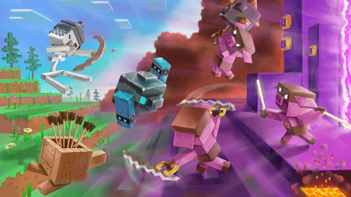 Battle between Minecraft Legends mobs and piglins