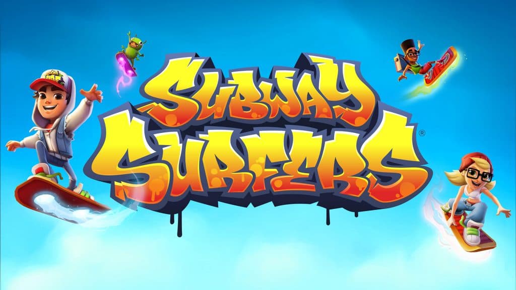 Subway Surfers logo with various characters around it.