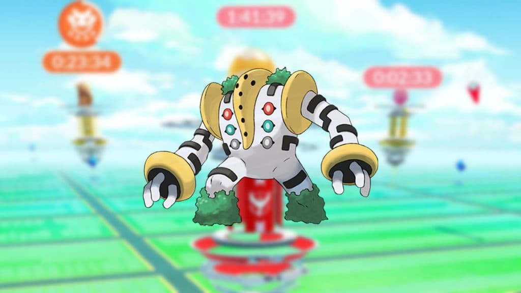 Regigigas in a Pokemon Go Raid background